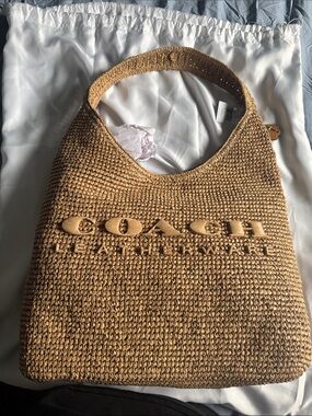 COACH Tan Woven Straw Shoulder Bag